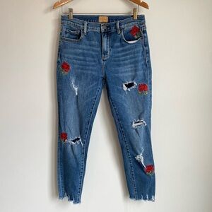 Driftwood Joyce Distressed Rose Floral Embroidered High Rise Dark Wash Jeans